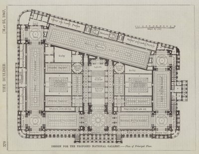 Entwurf für die vorgeschlagene Nationalgalerie, Grundriss des Hauptgeschosses (Gravur) von English School