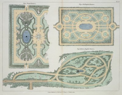 Entwürfe für französische, altenglische und moderne englische Parterres, aus Hinweise zur Gestaltung von Gärten und Lustgärten von John Claudius Loudon (1783-1843) veröffentlicht 1812 von English School