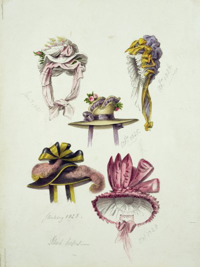 Entwürfe für Regency-Hüte, 1828 von English School
