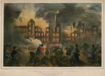 Zerstörung durch Feuer der Parlamentshäuser am 16. Oktober 1834, gesehen von der Kapelle Heinrichs VIII. von English School