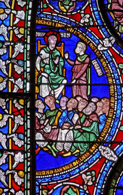 Detail eines der Bibelfenster, das Moses mit Jethro zeigt (Detail) von English School