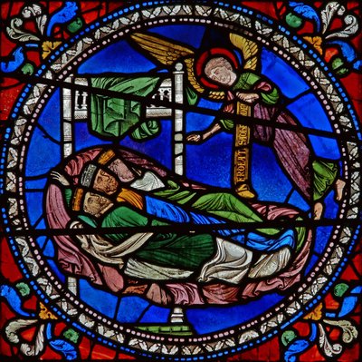 Detail eines der Bibelfenster, das drei Magierkönige im Schlaf mit einem Engel zeigt (Detail) von English School