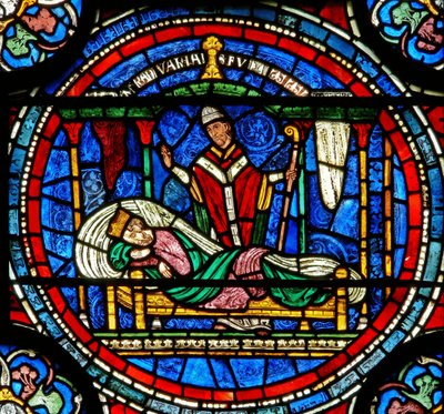 Detail des Wunderfensters, das zeigt, wie König Ludwig VII. von Thomas aufgefordert wird, zu seinem Grab zu gehen (Detail) von English School