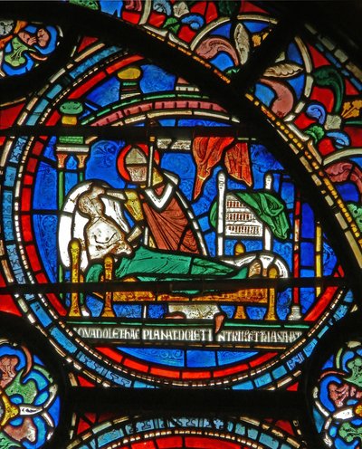 Detail des Wunderfensters, das St. Thomas zeigt, wie er einen kranken Mann im Schlaf besucht (Detail) von English School