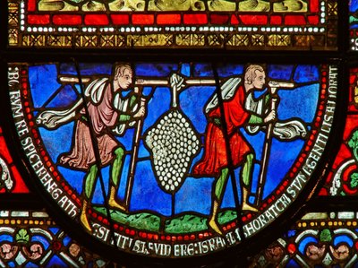 Detail aus dem Ostfenster der Dreifaltigkeitskapelle mit den Spionen und den Trauben von English School