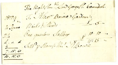 Devonshire MSS AS 3101, Folio aus einem Bündel von Rechnungen, beglichen von Pinder Simpson für Lord George Cavendish, einschließlich Alexander Bowies Rechnung von English School