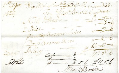 Devonshire MSS AS 3101, Folio aus einem Bündel von Rechnungen, beglichen von Pinder Simpson für Lord George Cavendish, einschließlich Alexander Bowies Rechnung von English School
