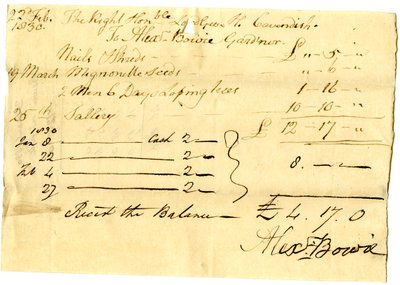 Devonshire MSS AS 3101, Folio aus einem Bündel von Rechnungen, beglichen von Pinder Simpson für Lord George Cavendish, einschließlich der Rechnung von Alexander Bowie von English School