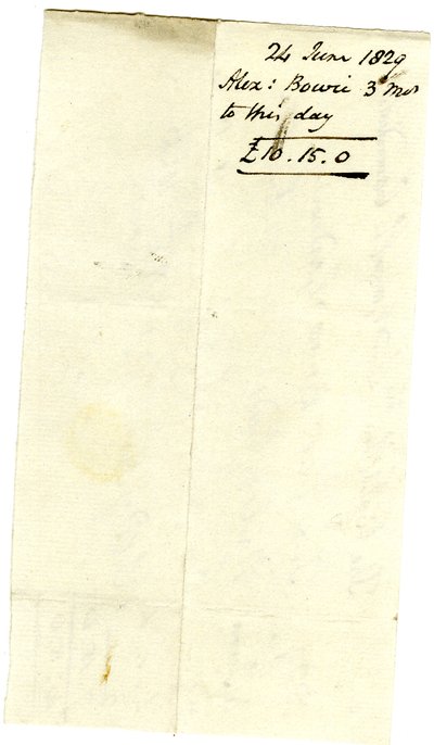 Devonshire MSS AS 3101, Folio aus einem Bündel von Rechnungen, beglichen von Pinder Simpson für Lord George Cavendish, einschließlich der Rechnung von Alexander Bowie von English School