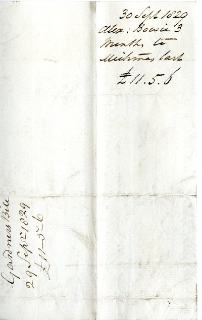Devonshire MSS AS 3101, Folio aus einem Bündel von Rechnungen, beglichen von Pinder Simpson für Lord George Cavendish, einschließlich der Rechnung von Alexander Bowie von English School
