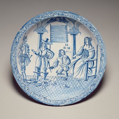 Schale mit Königin Katharina, die von einem knienden Kavalier einen Schuh angepasst bekommt, 1677 (zinnverglaste Irdenware) von English School
