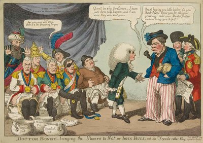 Doktor Boney bringt die Mächte zum Topf, 1808, handkolorierte Gravur von English School
