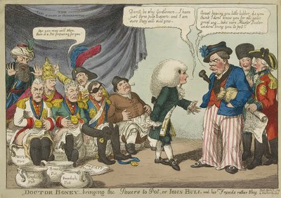 Doktor Boney bringt die Mächte zum Kochen, oder John Bull und seine Freunde sind eher schüchtern, veröffentlicht 1808 (handkolorierte Gravur) von English School