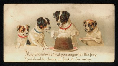 Hunde servieren einen Weihnachtskuchen, Grußkarte von English School