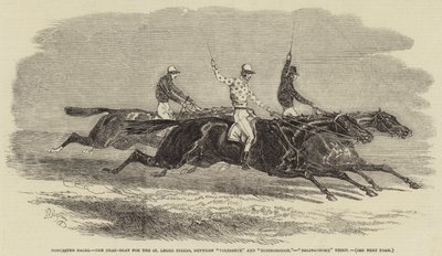 Doncaster-Rennen, das tote Rennen um die St. Leger Stakes, zwischen "Voltigeur" und "Russborough", "Bolingbroke" Dritter (Gravur) von English School