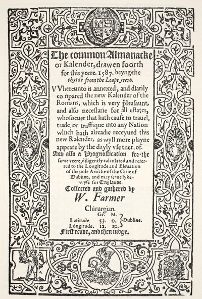 Doppelalmanach (gemein und neu) und Prognostikation für Dublin für 1587 von W. Farmer, gedruckt von Watkins und Roberts, 1587 von English School