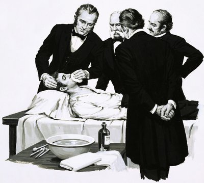 Dr. Crawford Long macht einen Studenten bewusstlos, bevor er eine Operation durchführt von English School
