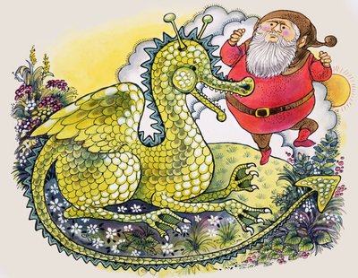 Drache mit dickem bärtigem Mann von English School
