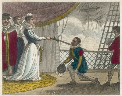 Drake wird an Bord seines Schiffes zum Ritter geschlagen (kolorierter Stich) von English School