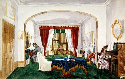 Saloninterieur, Frau am Klavier, Mann mit Melone beim Schreiben, ca. 1850 von English School