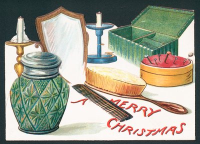 Inhalt eines Schminktisches, Weihnachtskarte von English School