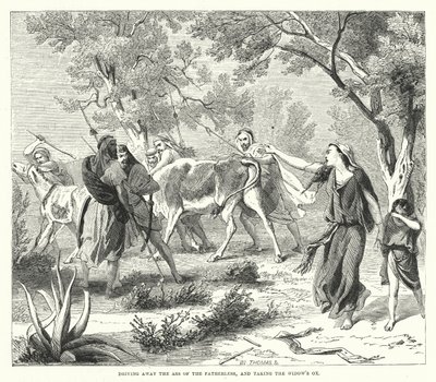 Den Esel des Waisen vertreiben und den Ochsen der Witwe nehmen (Gravur) von English School