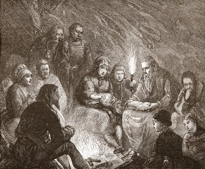 Versteckte niederländische Protestanten, Illustration aus Die Geschichte des Protestantismus von James Aitken Wylie, veröffentlicht 1878 von English School