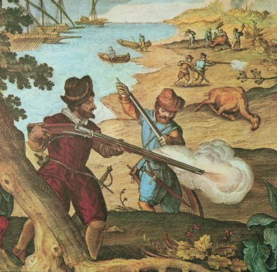 Niederländische Seeleute, bewaffnet mit Luntenschlossmusketen, schießen Kamele, um ihre Schiffe neu zu beladen von English School