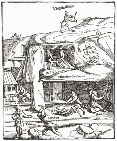 Frühe Darstellung der Wünschelrute, zeigt eine Figur mit einer Wünschelrute über der Erde, die nach Wasser, Kohle oder Gold sucht, und die Bergleute unter der Erde, die nach Kohle suchen (aus The Strand Magazine, veröffentlicht 1897) von English School