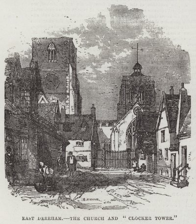 East Dereham, die Kirche und der "Clocker Tower" (Gravur) von English School