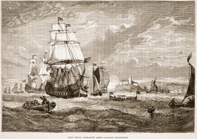 Schiffe der East India Company verlassen Woolwich, Illustration aus Cassells Illustrierter Geschichte Indiens von James Grant, veröffentlicht 1879 von English School