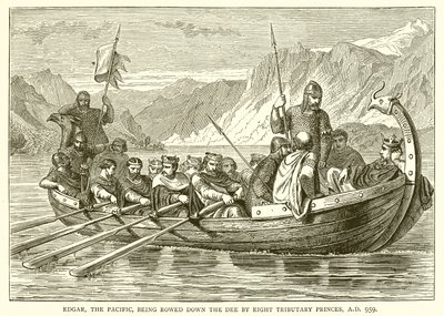 Edgar, der Friedliche, wird von acht tributpflichtigen Fürsten den Dee hinuntergerudert, 959 n. Chr. von English School