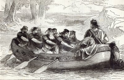 Edgar der Friedliche wird von acht tributpflichtigen Fürsten den Fluss Dee hinuntergerudert, Illustration aus 