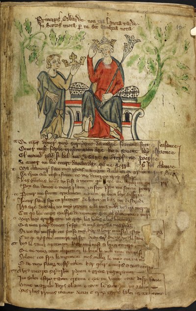 Edward II. sitzt auf einem Thron, mit Zepter in der linken Hand und berührt seine Krone mit der rechten Hand. Eine kleine Figur (möglicherweise eine Personifikation von Wales) bietet ihm eine weitere Krone an (wahrscheinlich die Krone von Schottland). Es w von English School