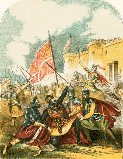 Edward I schwingt den Speer und schwört, den Mann zu hängen, der ihn geworfen hat von English School