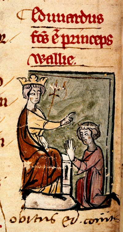 Edward von Caernarvon [Edward II] wird von seinem Vater, König Edward I., im Lincoln-Parlament zum Prinzen von Wales und Earl of Chester ernannt, Illustration aus 