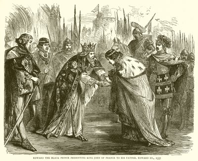 Edward der Schwarze Prinz präsentiert König Johann von Frankreich seinem Vater Edward III, 1357 von English School