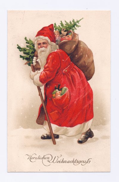 Edwardianische Postkarte von Weihnachtsmann mit einem Weihnachtsbaum und einem Sack Spielzeug über der Schulter, ca. 1910 von English School