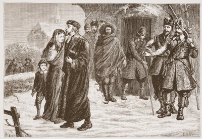 Vertreibung eines ungarischen protestantischen Pastors im Winter, Illustration aus The History of Protestantism von James Aitken Wylie, veröffentlicht 1878 von English School