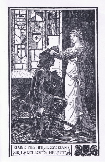 Elaine bindet ihren Ärmel um Sir Lancelots Helm, Illustration aus 