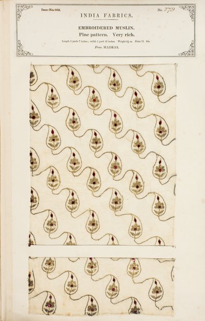 Bestickte Musselinprobe aus Madras, aus The Collection of the Textile Manufacturers of India, von John Forbes Watson, veröffentlicht 1866 von English School