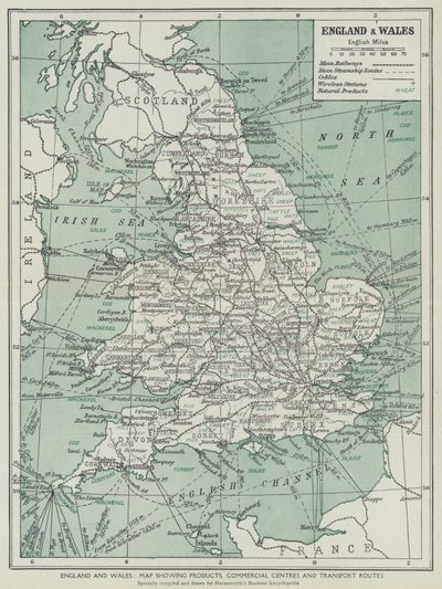 England und Wales, Karte mit Produkten, Handelszentren und Transportwegen von English School