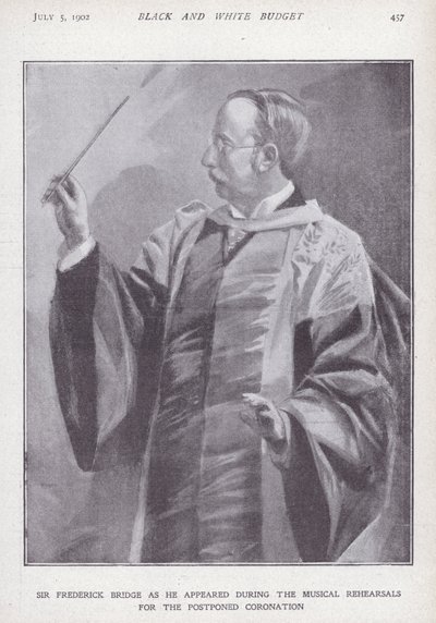 Der englische Komponist, Organist und Dirigent Sir Frederick Bridge probt für die verschobene Krönung von König Edward VII. von English School