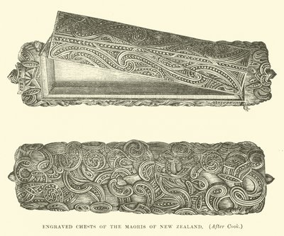 Gravierte Truhen der Maoris von Neuseeland, nach Cook von English School