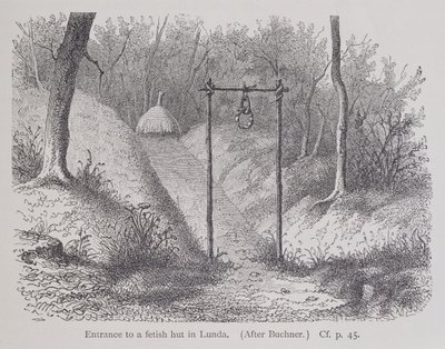 Eingang zu einer Fetischhütte in Lunda, aus Die Geschichte der Menschheit, Bd.1, von Prof. Friedrich Ratzel, 1896 von English School