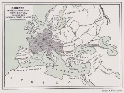 Europa zu Beginn des neunten Jahrhunderts, zeigt das Reich Karls des Großen (Farblithografie) von English School