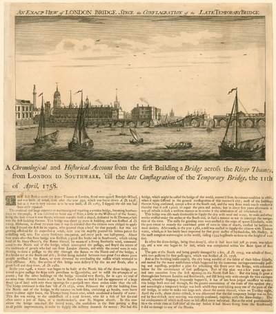 Genauer Blick auf die London Bridge nach dem Brand der provisorischen Brücke, 11. April 1758 von English School