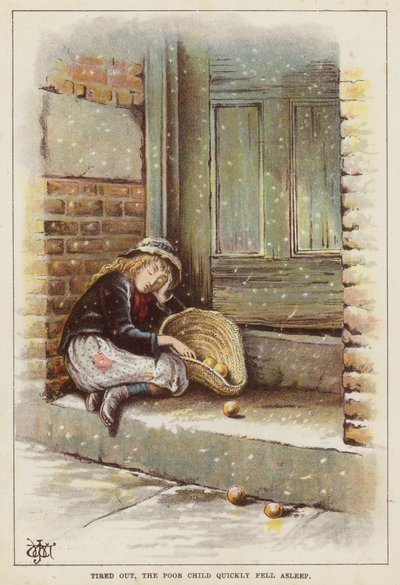 Erschöpftes Kind schläft im Schnee auf einer Türschwelle (Chromolithografie) von English School