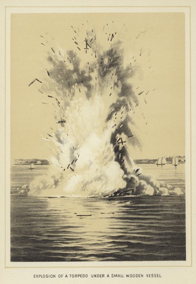 Explosion eines Torpedos unter einem kleinen Holzschiff von English School