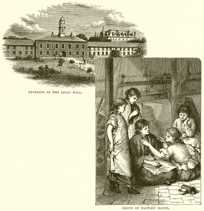 Außenansicht der Leinenhalle. Gruppe von Fabrikarbeitern von English School